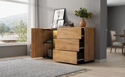 Buffet Contemporain Brun et Noir avec Éclairage LED Smart App, 3 Tiroirs, Porte Vitrée et Rangement Polyvalent GHURGAX