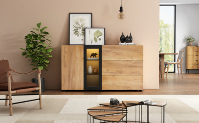 Buffet Contemporain Brun et Noir avec Éclairage LED Smart App, 3 Tiroirs, Porte Vitrée et Rangement Polyvalent GHURGAX