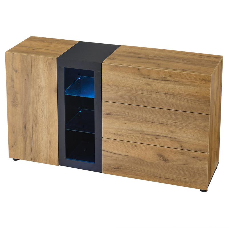 Buffet Contemporain Brun et Noir avec Éclairage LED Smart App, 3 Tiroirs, Porte Vitrée et Rangement Polyvalent GHURGAX