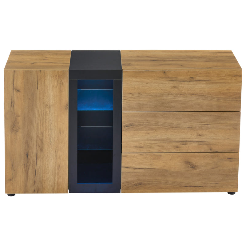 Buffet Contemporain Brun et Noir avec Éclairage LED Smart App, 3 Tiroirs, Porte Vitrée et Rangement Polyvalent GHURGAX