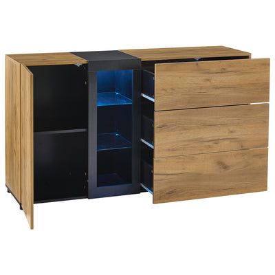 Buffet Contemporain Brun et Noir avec Éclairage LED Smart App, 3 Tiroirs, Porte Vitrée et Rangement Polyvalent GHURGAX