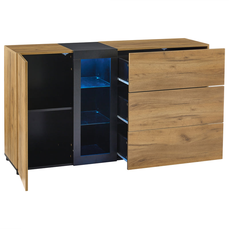 Buffet Contemporain Brun et Noir avec Éclairage LED Smart App, 3 Tiroirs, Porte Vitrée et Rangement Polyvalent GHURGAX
