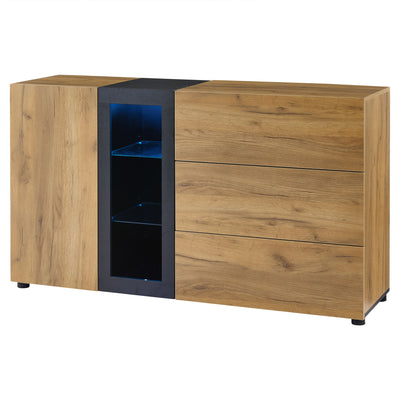 Buffet Contemporain Brun et Noir avec Éclairage LED Smart App, 3 Tiroirs, Porte Vitrée et Rangement Polyvalent GHURGAX