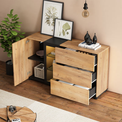 Buffet Contemporain Brun et Noir avec Éclairage LED Smart App, 3 Tiroirs, Porte Vitrée et Rangement Polyvalent GHURGAX