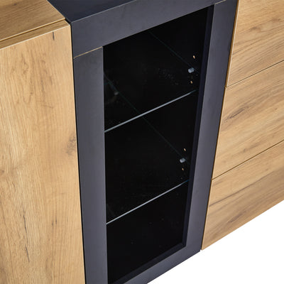 Buffet Contemporain Brun et Noir avec Éclairage LED Smart App, 3 Tiroirs, Porte Vitrée et Rangement Polyvalent GHURGAX