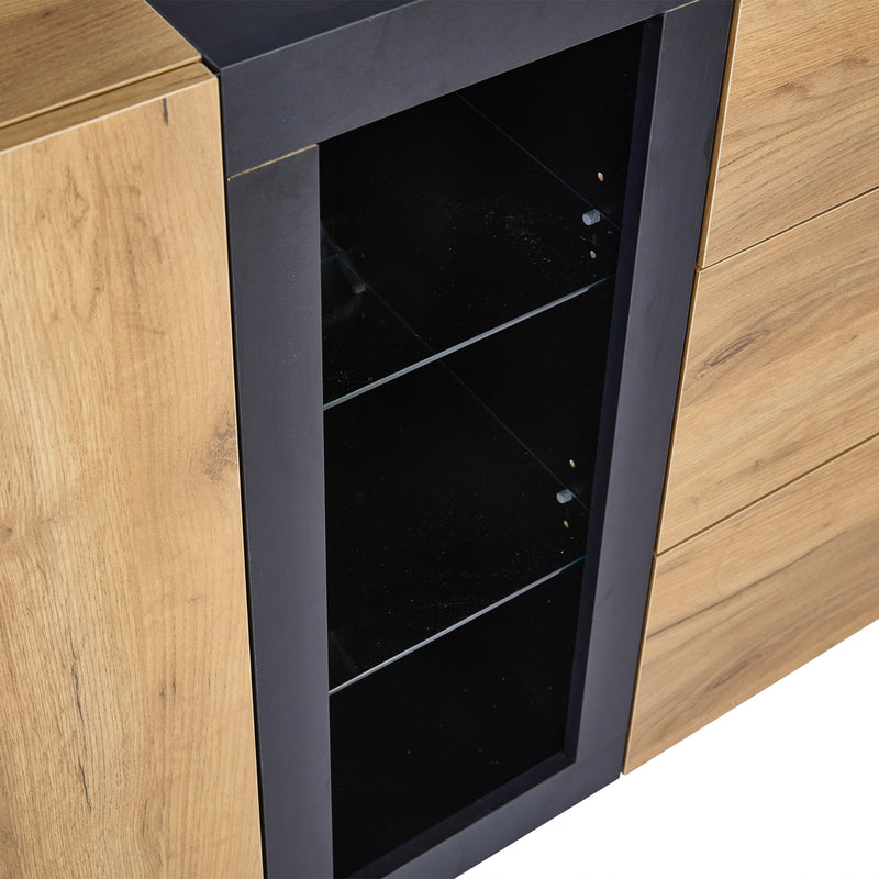 Buffet Contemporain Brun et Noir avec Éclairage LED Smart App, 3 Tiroirs, Porte Vitrée et Rangement Polyvalent GHURGAX