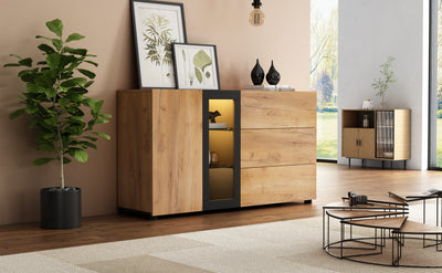 Buffet Contemporain Brun et Noir avec Éclairage LED Smart App, 3 Tiroirs, Porte Vitrée et Rangement Polyvalent GHURGAX