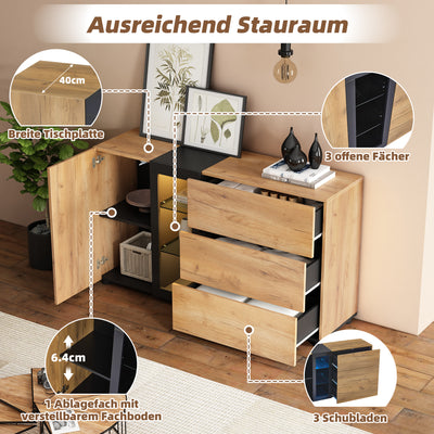 Buffet Contemporain Brun et Noir avec Éclairage LED Smart App, 3 Tiroirs, Porte Vitrée et Rangement Polyvalent GHURGAX