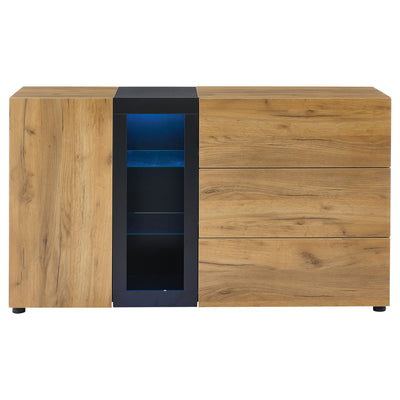 Buffet Contemporain Brun et Noir avec Éclairage LED Smart App, 3 Tiroirs, Porte Vitrée et Rangement Polyvalent GHURGAX