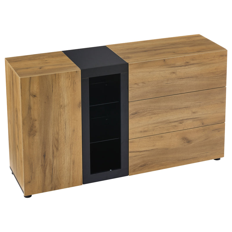Buffet Contemporain Brun et Noir avec Éclairage LED Smart App, 3 Tiroirs, Porte Vitrée et Rangement Polyvalent GHURGAX