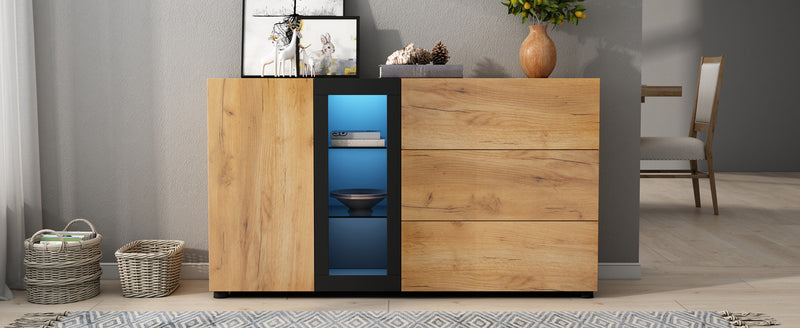 Buffet Contemporain Brun et Noir avec Éclairage LED Smart App, 3 Tiroirs, Porte Vitrée et Rangement Polyvalent GHURGAX