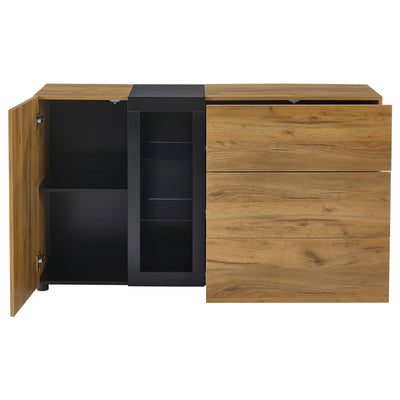 Buffet Contemporain Brun et Noir avec Éclairage LED Smart App, 3 Tiroirs, Porte Vitrée et Rangement Polyvalent GHURGAX