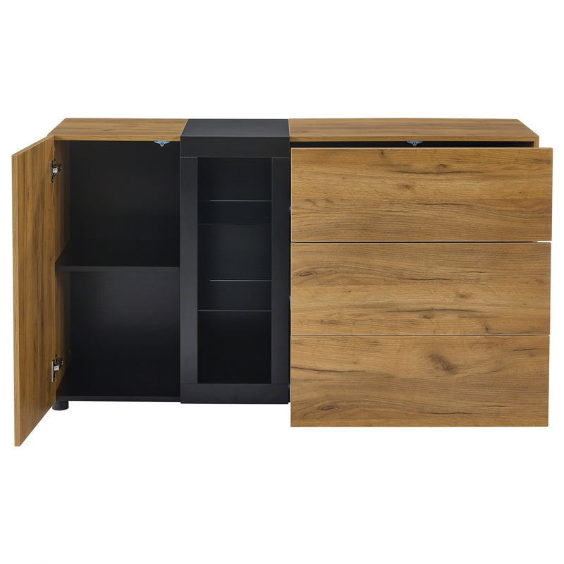 Buffet Contemporain Brun et Noir avec Éclairage LED Smart App, 3 Tiroirs, Porte Vitrée et Rangement Polyvalent GHURGAX