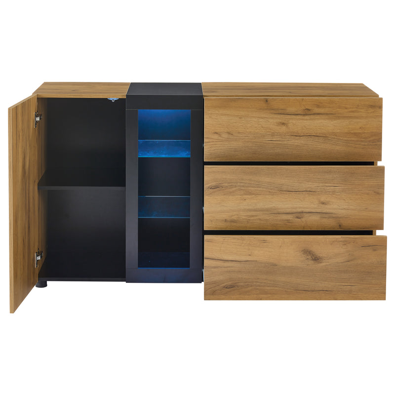 Buffet Contemporain Brun et Noir avec Éclairage LED Smart App, 3 Tiroirs, Porte Vitrée et Rangement Polyvalent GHURGAX