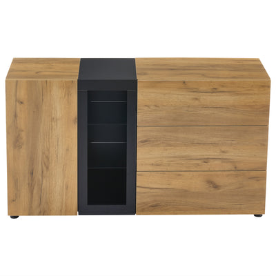 Buffet Contemporain Brun et Noir avec Éclairage LED Smart App, 3 Tiroirs, Porte Vitrée et Rangement Polyvalent GHURGAX