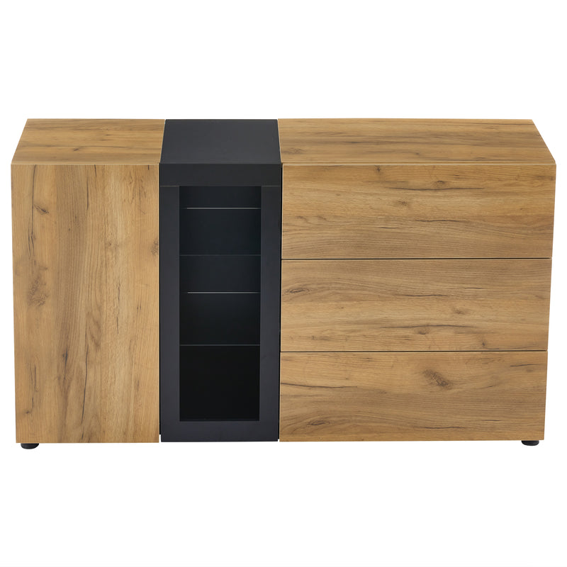 Buffet Contemporain Brun et Noir avec Éclairage LED Smart App, 3 Tiroirs, Porte Vitrée et Rangement Polyvalent GHURGAX