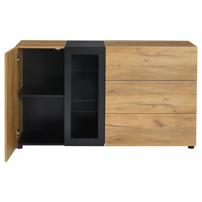 Buffet Contemporain Brun et Noir avec Éclairage LED Smart App, 3 Tiroirs, Porte Vitrée et Rangement Polyvalent GHURGAX