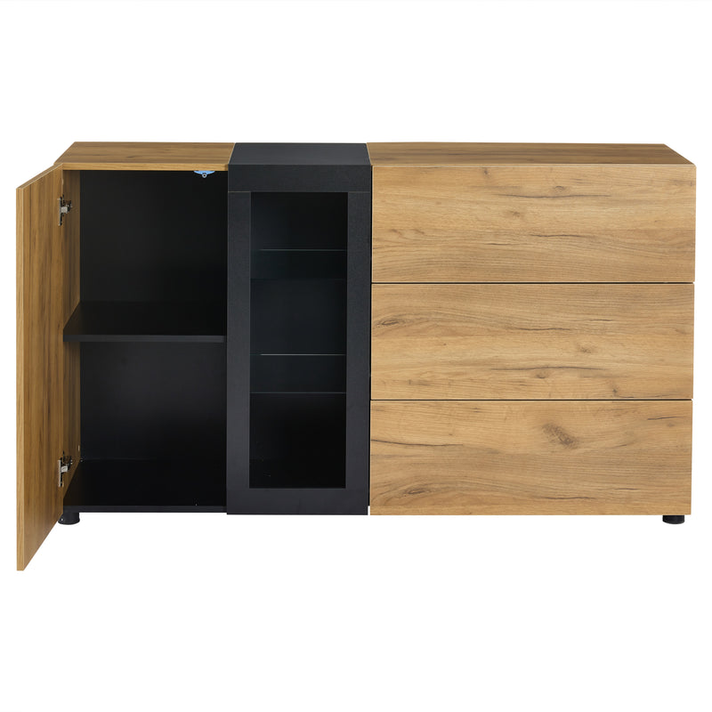 Buffet Contemporain Brun et Noir avec Éclairage LED Smart App, 3 Tiroirs, Porte Vitrée et Rangement Polyvalent GHURGAX