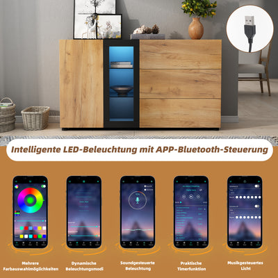 Buffet Contemporain Brun et Noir avec Éclairage LED Smart App, 3 Tiroirs, Porte Vitrée et Rangement Polyvalent GHURGAX