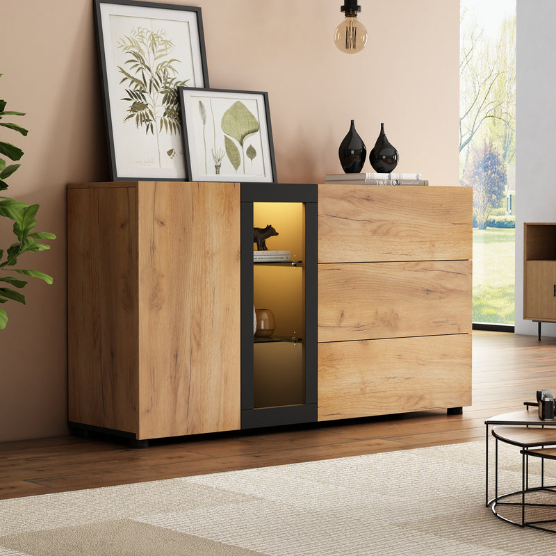 Buffet Contemporain Brun et Noir avec Éclairage LED Smart App, 3 Tiroirs, Porte Vitrée et Rangement Polyvalent GHURGAX