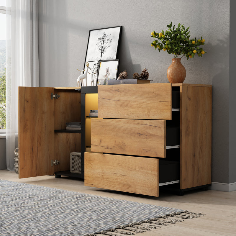 Buffet Contemporain Brun et Noir avec Éclairage LED Smart App, 3 Tiroirs, Porte Vitrée et Rangement Polyvalent GHURGAX
