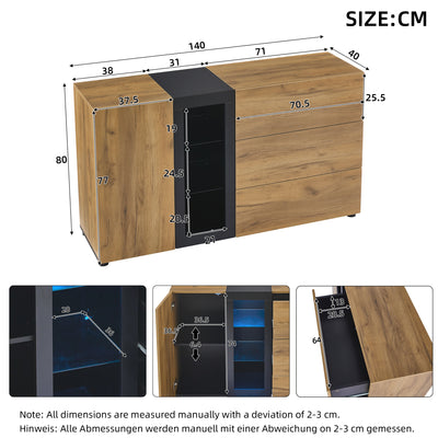 Buffet Contemporain Brun et Noir avec Éclairage LED Smart App, 3 Tiroirs, Porte Vitrée et Rangement Polyvalent GHURGAX