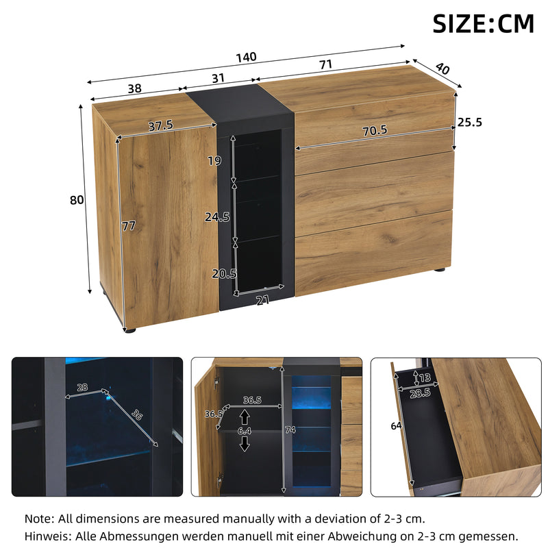 Buffet Contemporain Brun et Noir avec Éclairage LED Smart App, 3 Tiroirs, Porte Vitrée et Rangement Polyvalent GHURGAX