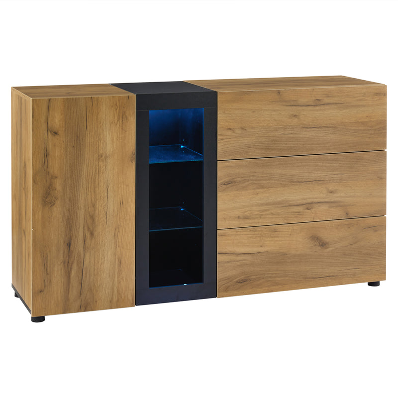 Buffet Contemporain Brun et Noir avec Éclairage LED Smart App, 3 Tiroirs, Porte Vitrée et Rangement Polyvalent GHURGAX