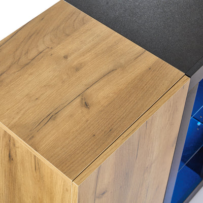 Buffet Contemporain Brun et Noir avec Éclairage LED Smart App, 3 Tiroirs, Porte Vitrée et Rangement Polyvalent GHURGAX