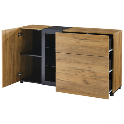 Buffet Contemporain Brun et Noir avec Éclairage LED Smart App, 3 Tiroirs, Porte Vitrée et Rangement Polyvalent GHURGAX