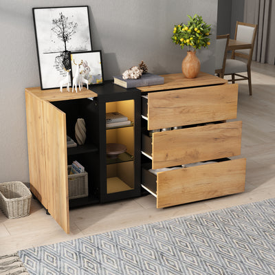 Buffet Contemporain Brun et Noir avec Éclairage LED Smart App, 3 Tiroirs, Porte Vitrée et Rangement Polyvalent GHURGAX