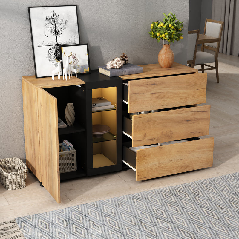 Buffet Contemporain Brun et Noir avec Éclairage LED Smart App, 3 Tiroirs, Porte Vitrée et Rangement Polyvalent GHURGAX