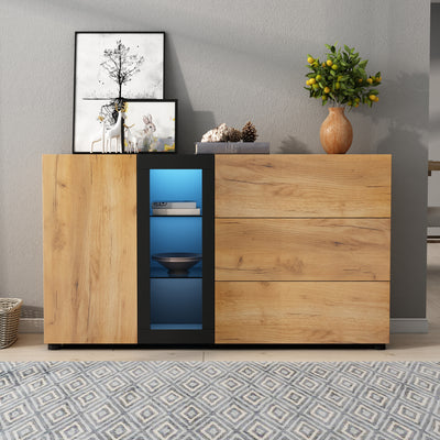 Buffet Contemporain Brun et Noir avec Éclairage LED Smart App, 3 Tiroirs, Porte Vitrée et Rangement Polyvalent GHURGAX