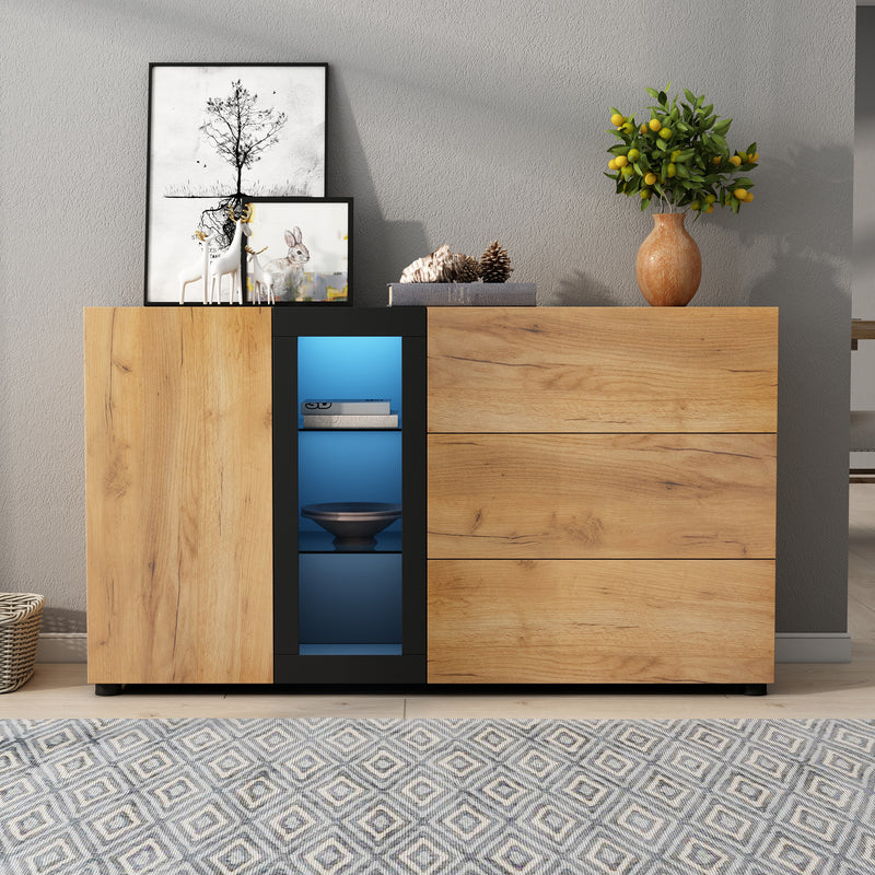 Buffet Contemporain Brun et Noir avec Éclairage LED Smart App, 3 Tiroirs, Porte Vitrée et Rangement Polyvalent GHURGAX