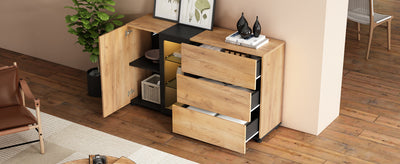 Buffet Contemporain Brun et Noir avec Éclairage LED Smart App, 3 Tiroirs, Porte Vitrée et Rangement Polyvalent GHURGAX