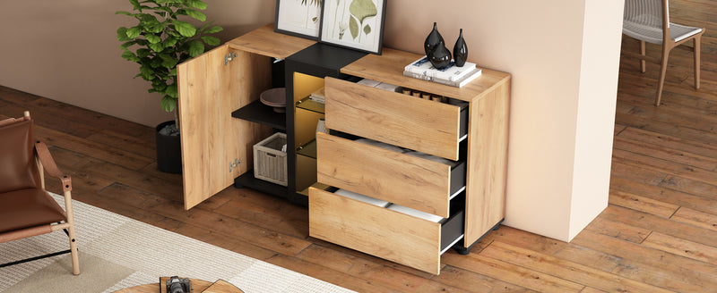 Buffet Contemporain Brun et Noir avec Éclairage LED Smart App, 3 Tiroirs, Porte Vitrée et Rangement Polyvalent GHURGAX