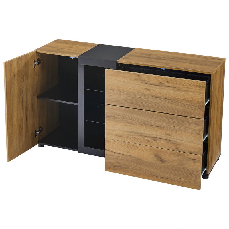 Buffet Contemporain Brun et Noir avec Éclairage LED Smart App, 3 Tiroirs, Porte Vitrée et Rangement Polyvalent GHURGAX
