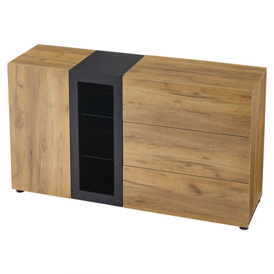 Buffet Contemporain Brun et Noir avec Éclairage LED Smart App, 3 Tiroirs, Porte Vitrée et Rangement Polyvalent GHURGAX