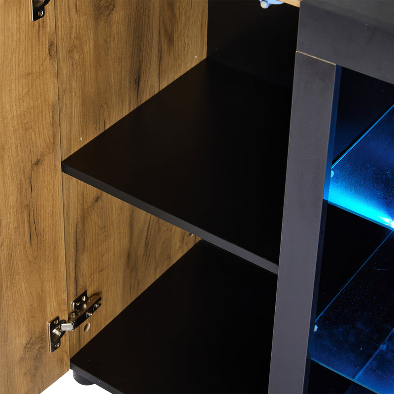 Buffet Contemporain Brun et Noir avec Éclairage LED Smart App, 3 Tiroirs, Porte Vitrée et Rangement Polyvalent GHURGAX