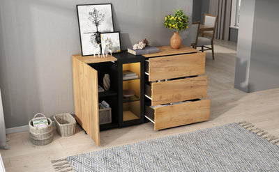 Buffet Contemporain Brun et Noir avec Éclairage LED Smart App, 3 Tiroirs, Porte Vitrée et Rangement Polyvalent GHURGAX