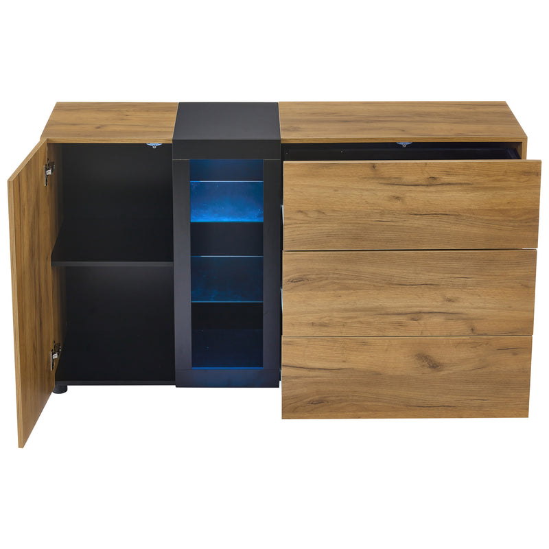 Buffet Contemporain Brun et Noir avec Éclairage LED Smart App, 3 Tiroirs, Porte Vitrée et Rangement Polyvalent GHURGAX