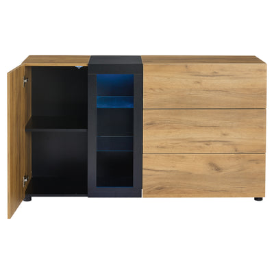 Buffet Contemporain Brun et Noir avec Éclairage LED Smart App, 3 Tiroirs, Porte Vitrée et Rangement Polyvalent GHURGAX