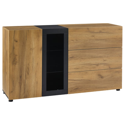 Buffet Contemporain Brun et Noir avec Éclairage LED Smart App, 3 Tiroirs, Porte Vitrée et Rangement Polyvalent GHURGAX