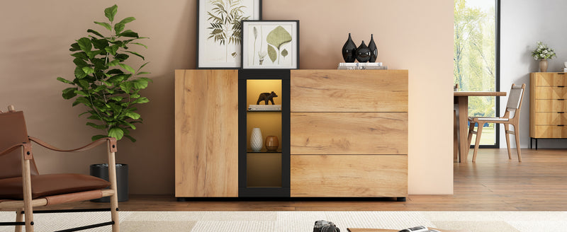 Buffet Contemporain Brun et Noir avec Éclairage LED Smart App, 3 Tiroirs, Porte Vitrée et Rangement Polyvalent GHURGAX
