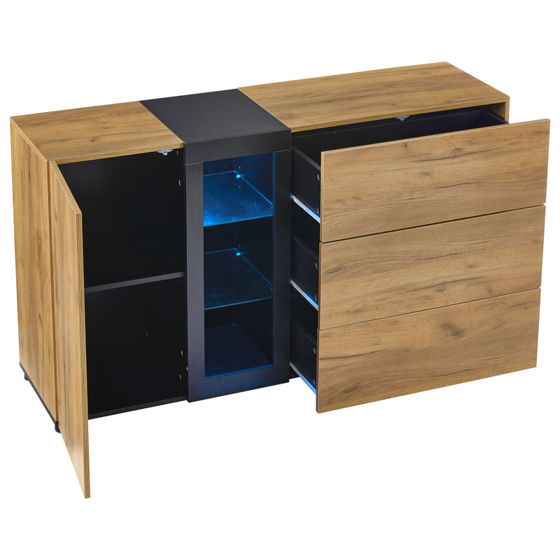 Buffet Contemporain Brun et Noir avec Éclairage LED Smart App, 3 Tiroirs, Porte Vitrée et Rangement Polyvalent GHURGAX