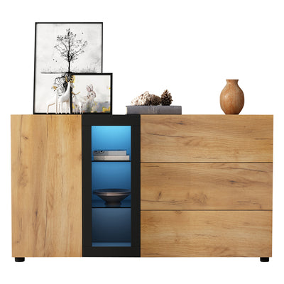 Buffet Contemporain Brun et Noir avec Éclairage LED Smart App, 3 Tiroirs, Porte Vitrée et Rangement Polyvalent GHURGAX
