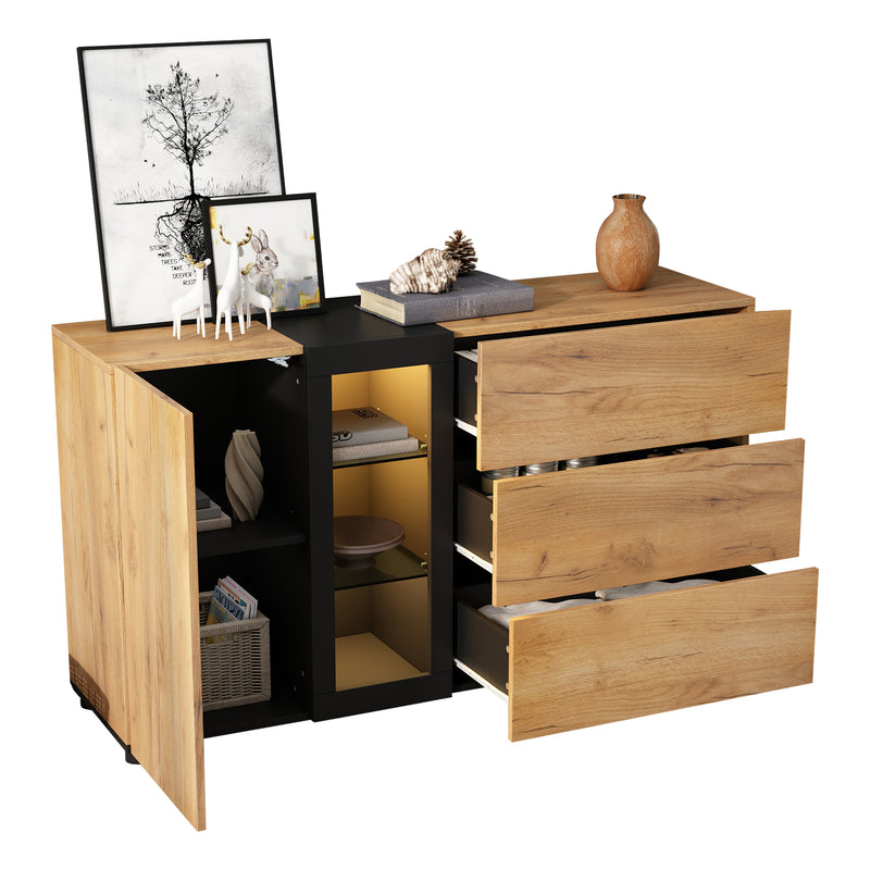Buffet Contemporain Brun et Noir avec Éclairage LED Smart App, 3 Tiroirs, Porte Vitrée et Rangement Polyvalent GHURGAX