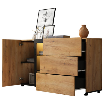 Buffet Contemporain Brun et Noir avec Éclairage LED Smart App, 3 Tiroirs, Porte Vitrée et Rangement Polyvalent GHURGAX