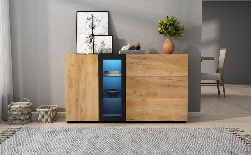 Buffet Contemporain Brun et Noir avec Éclairage LED Smart App, 3 Tiroirs, Porte Vitrée et Rangement Polyvalent GHURGAX