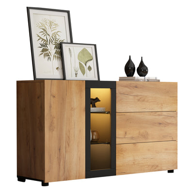Buffet Contemporain Brun et Noir avec Éclairage LED Smart App, 3 Tiroirs, Porte Vitrée et Rangement Polyvalent GHURGAX